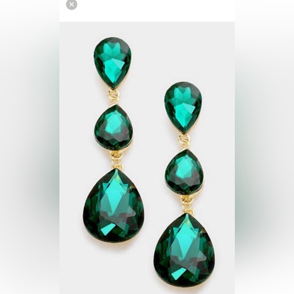 Green crystal earrings emerald colored dark green pageant long big teardrop - Picture 1 of 3